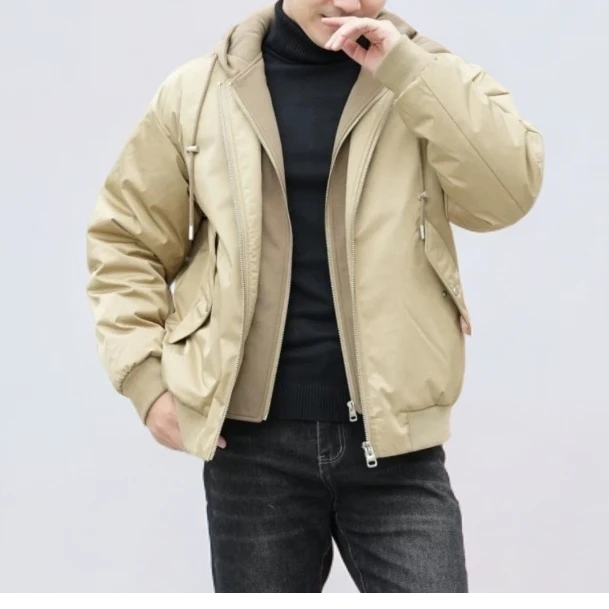 冬季连帽假两件羽绒服男式潮流工装休闲加厚外套保暖防风1218