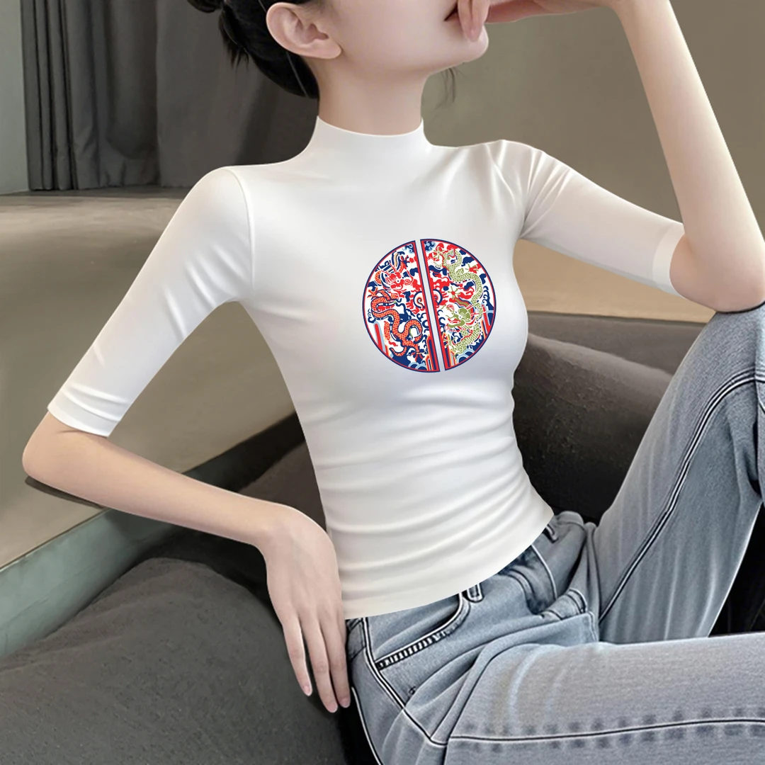 黑色半高领莫代尔中袖五分袖T恤女2025秋冬修身百搭高档打底上衣