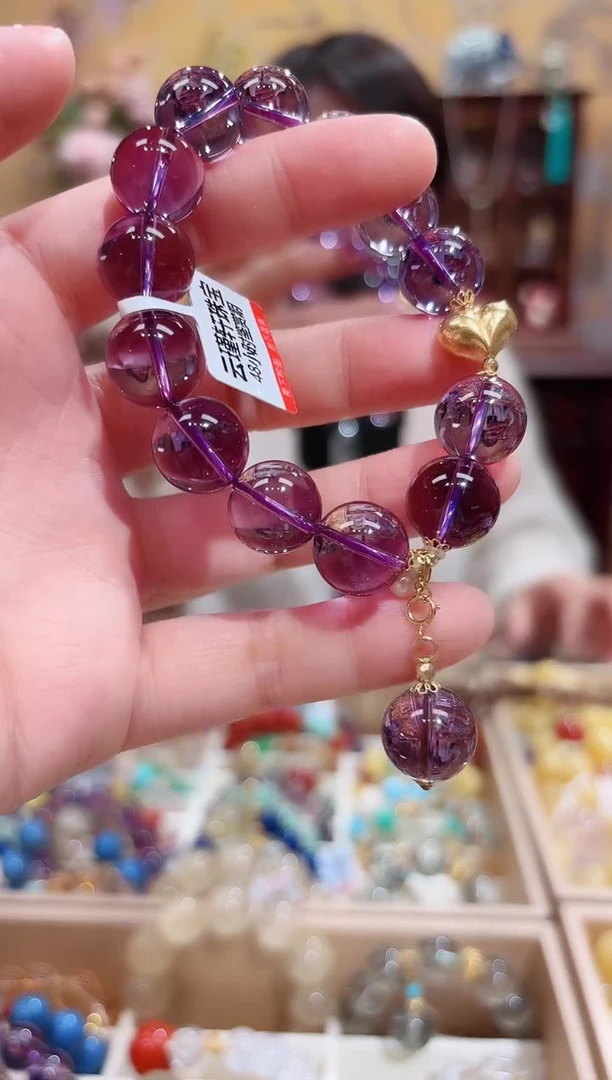 18K金镶嵌手串水晶特级浓紫老矿设计款珠串13+