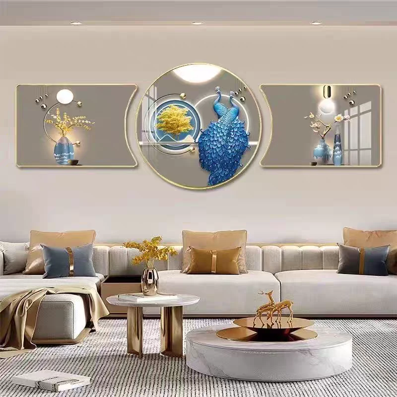 M02高档客厅装饰画孔雀好寓意沙发背景墙挂画轻奢花瓶三联壁画