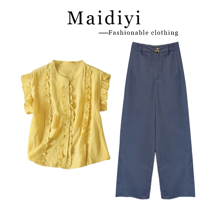 2025夏季百搭一整套女装新款时尚小飞袖衬衫上衣高腰休闲裤两件套