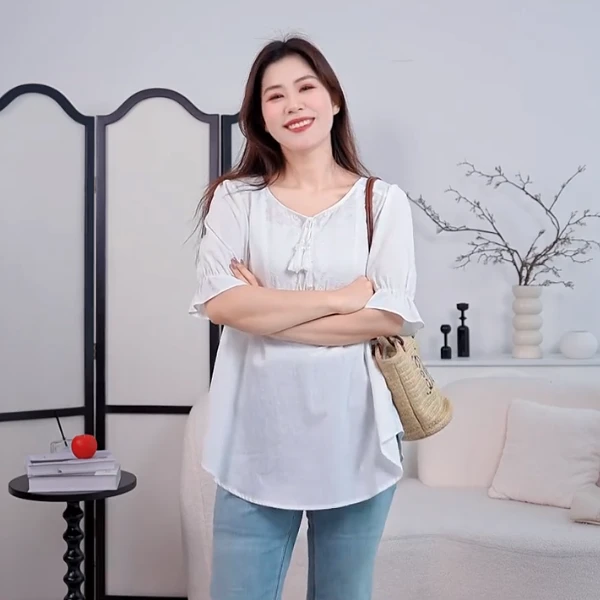 MsShe大码女装2025夏装【全棉】拼接水溶刺绣中长短袖衬衫Q2505009