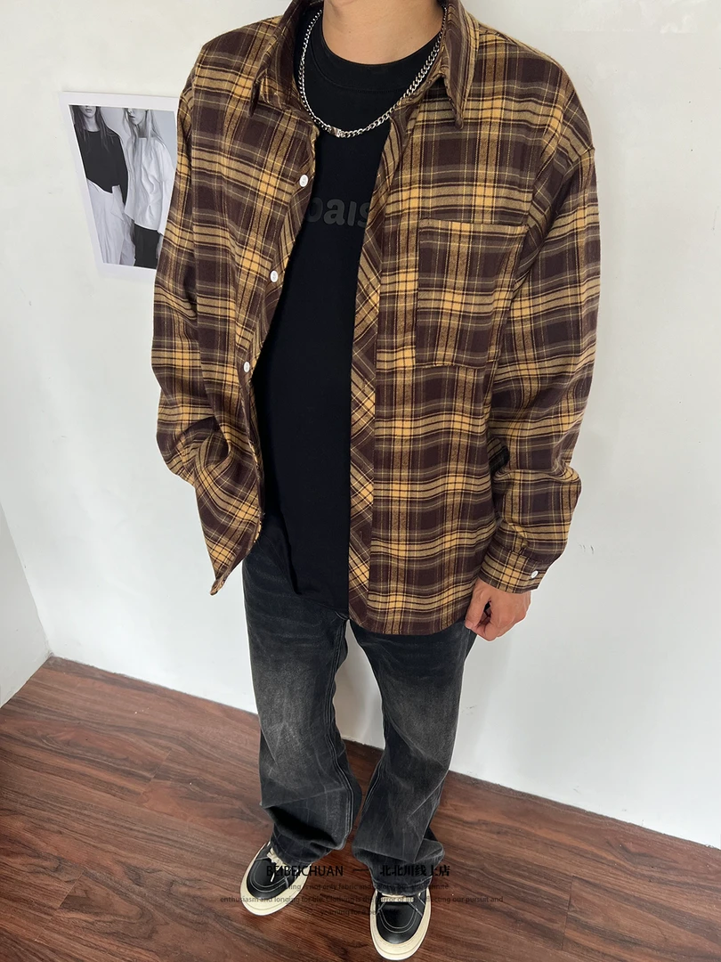 BBC【美式格子衬衫】春秋ins韩版休闲格子衬衫外套男高级感长袖