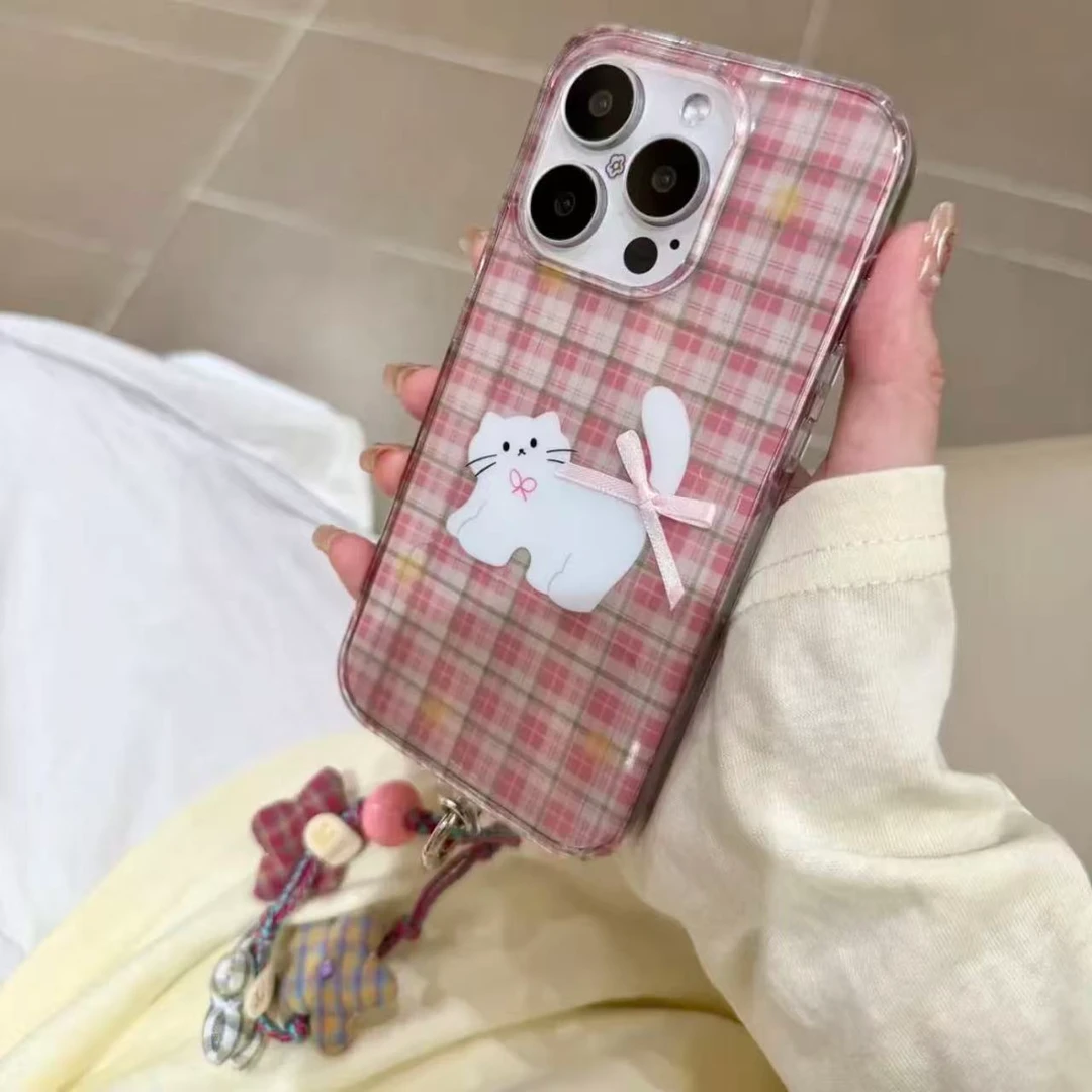 格纹萌宠猫咪适用iPhone17promax时尚苹果16手机壳可爱15少女心14