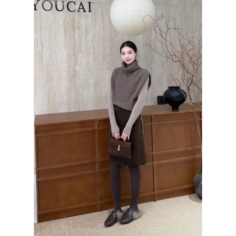 法式轻奢风高领针织背心内搭打底上衣复古半身裙女套装