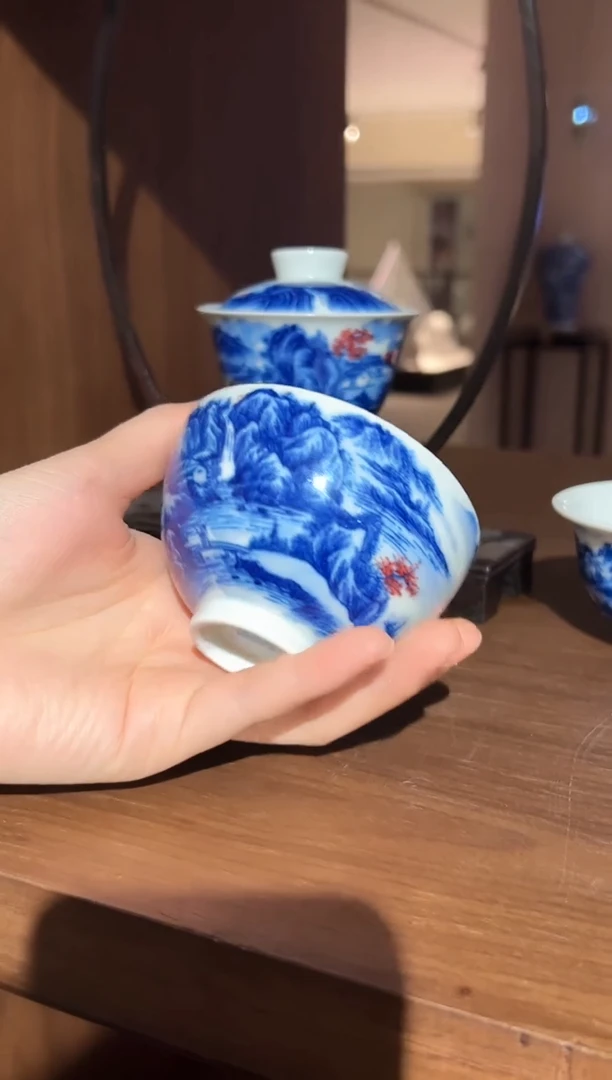 【闪购商品】杯子青花釉里红山水鸡心杯