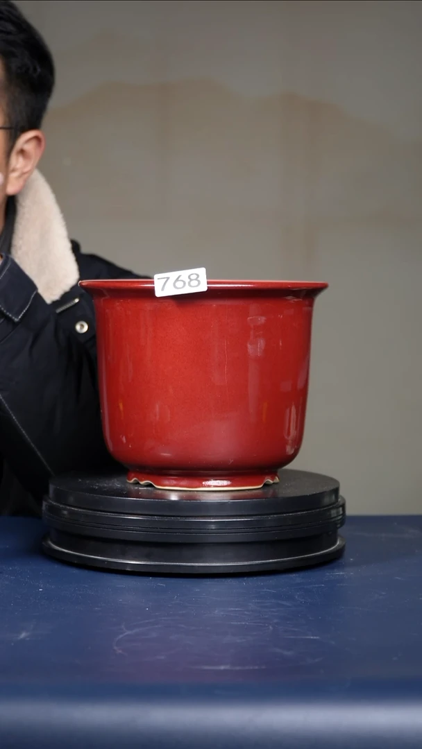 其他瓷微瑕768号钧红釉金钟盆  口径20.5高16.5 NO退NO换