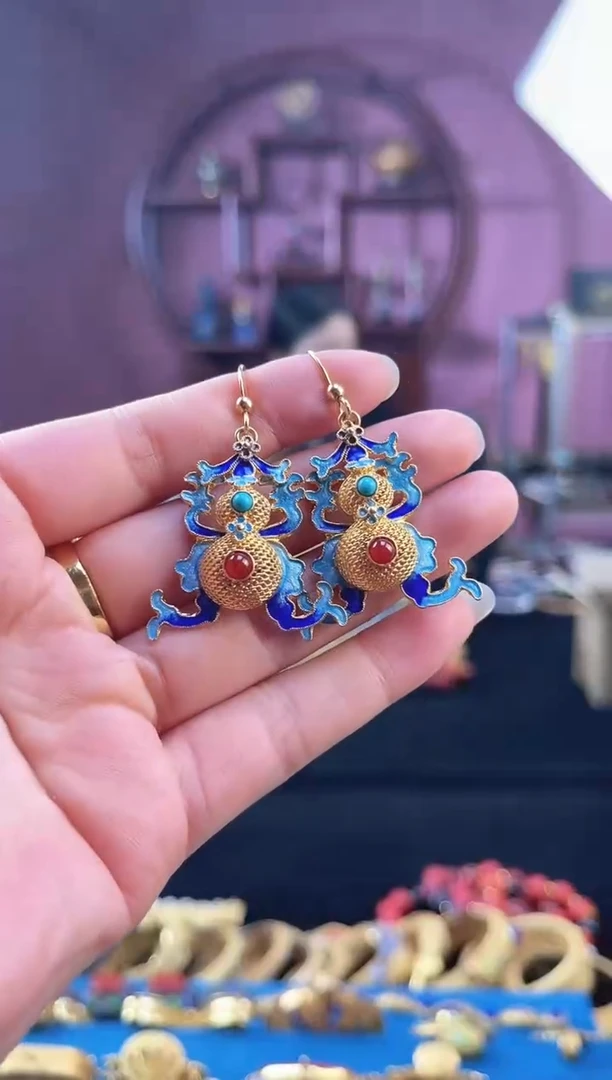 非遗 花丝镶嵌耳饰 飘带葫芦