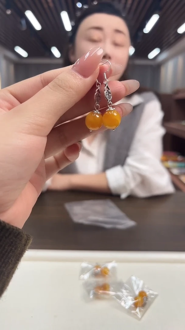 蜜蜡银S925镶嵌耳饰DIY款E898