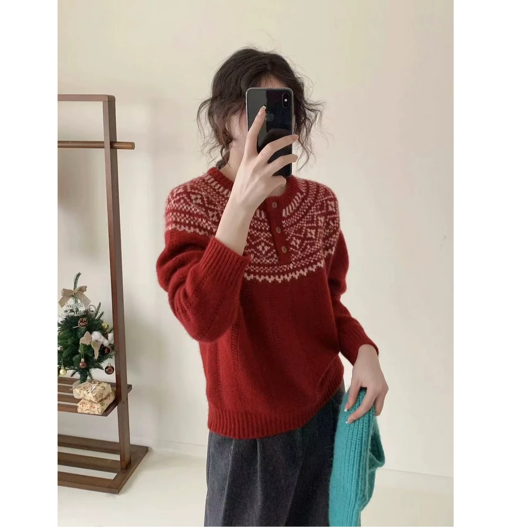 【运费补贴】新年红费尔岛圆领单排扣针织衫毛衣加厚纯色冬季女毛衫