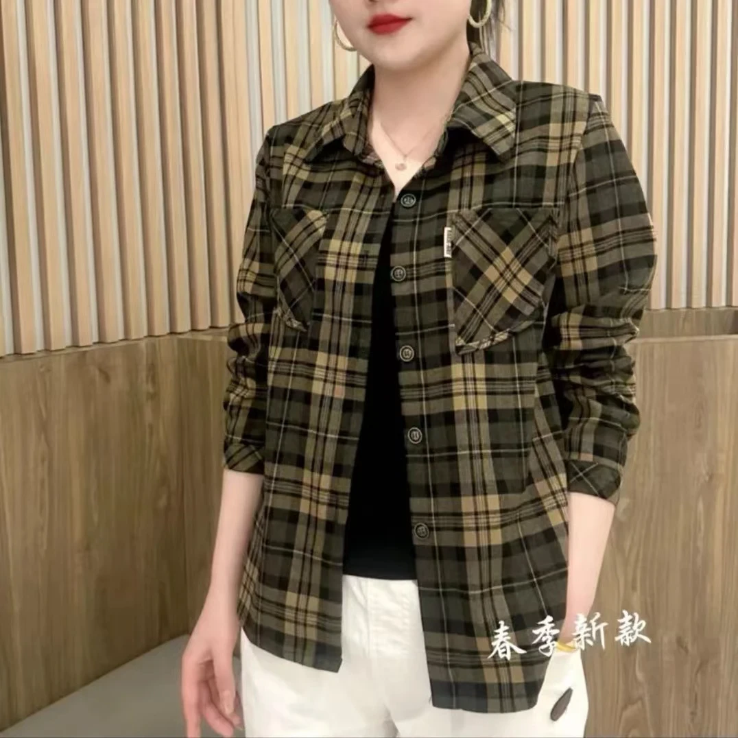 新款2025春秋款衬衫外套百搭防晒显瘦格子上衣外穿宽松微胖大码
