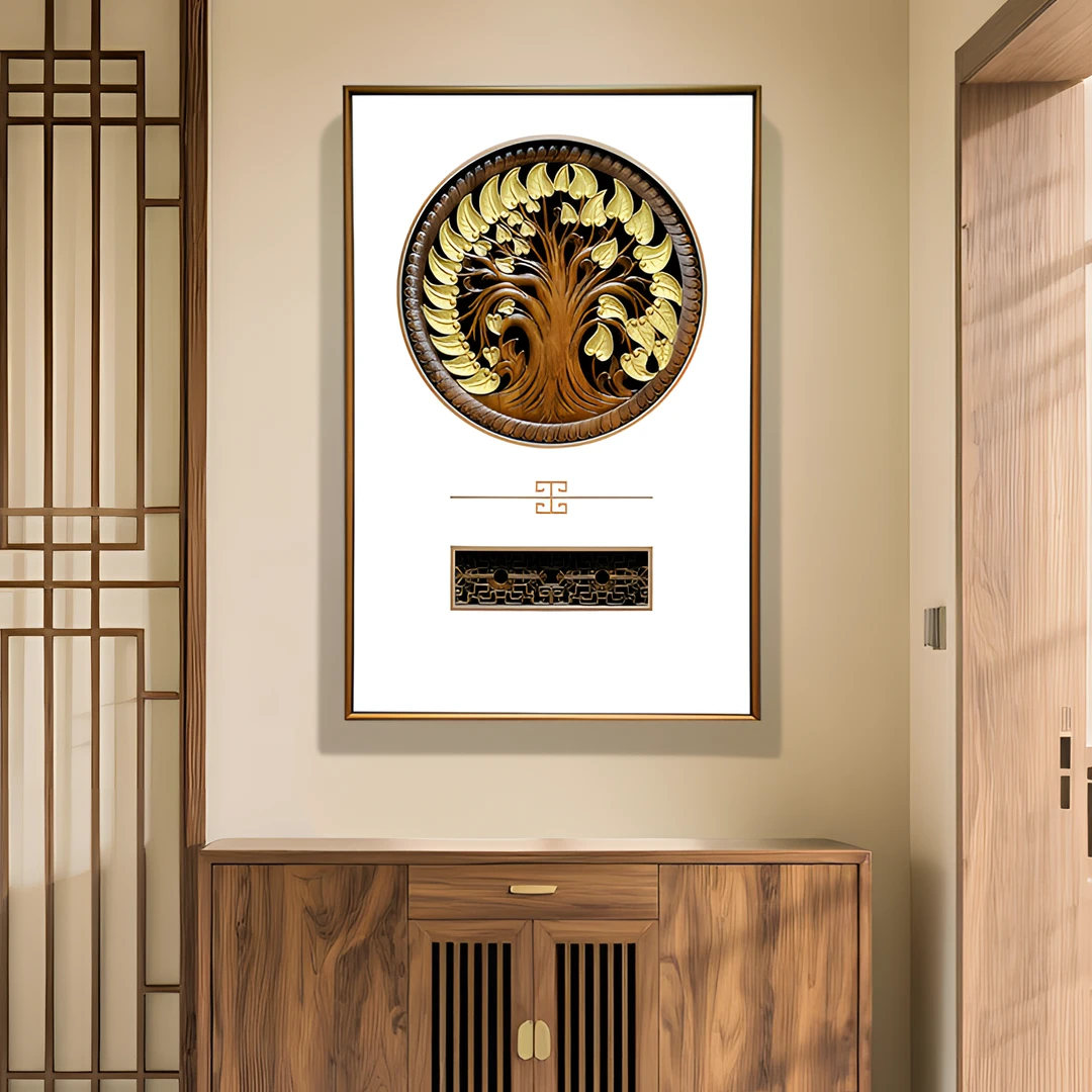 中式新中式木雕装饰82*124cm描金发财树玄关装饰画走廊墙挂画