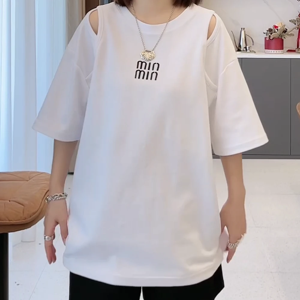 2025年夏季新款圆领MI刺绣露肩百搭短袖T恤C5487
