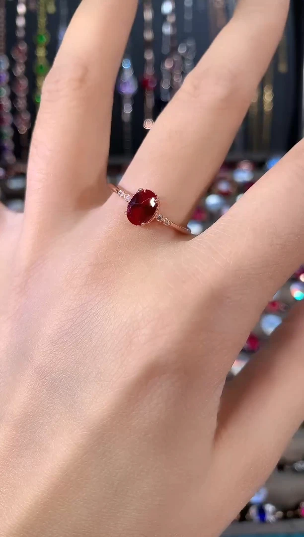 银S925镶嵌戒指红宝石玫瑰金酒红57