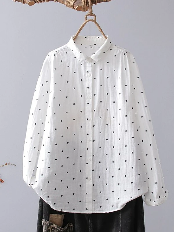 文艺小清新圆点棉纱长袖白衬衫女宽松纯棉柔软亲肤打底休闲衬衣