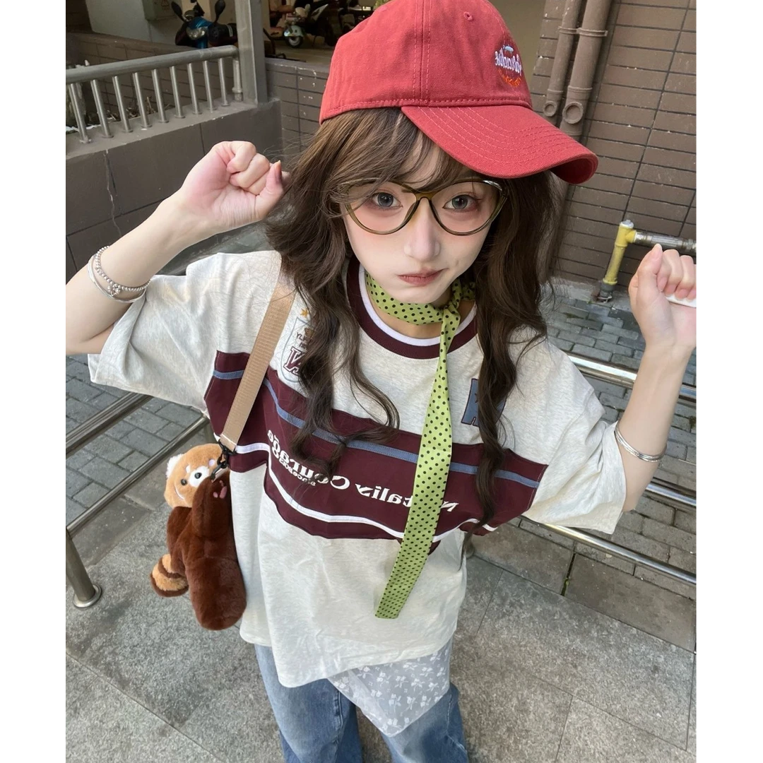 美式刺绣拼接短袖男女2025夏季新款重磅撞色纯棉半袖宽松情侣T恤