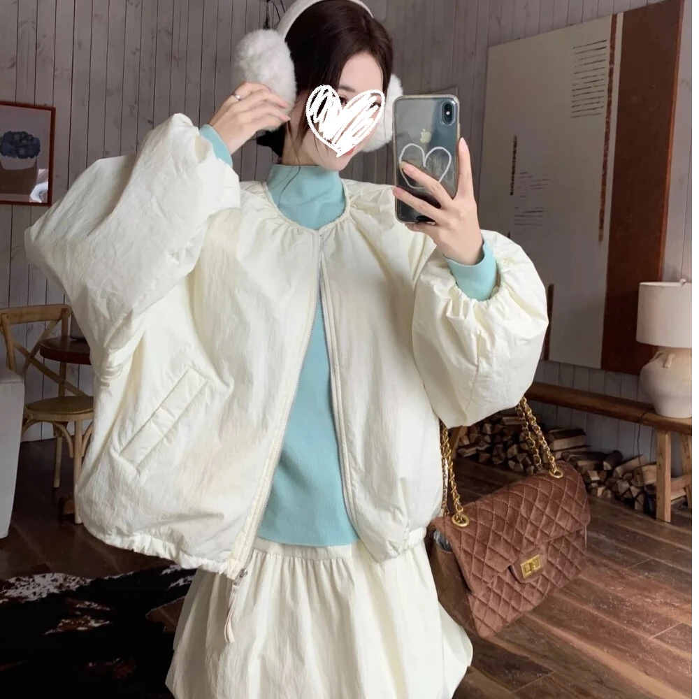 小个子减龄甜美风套装宽松棉服外套女冬季高腰花苞裙半身裙两件套