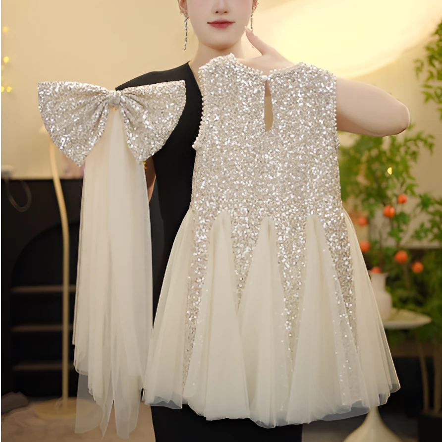 【YJ璀璨人鱼】女童2025轻奢亮银流苏礼服裙夏季新款立体连衣裙洋气