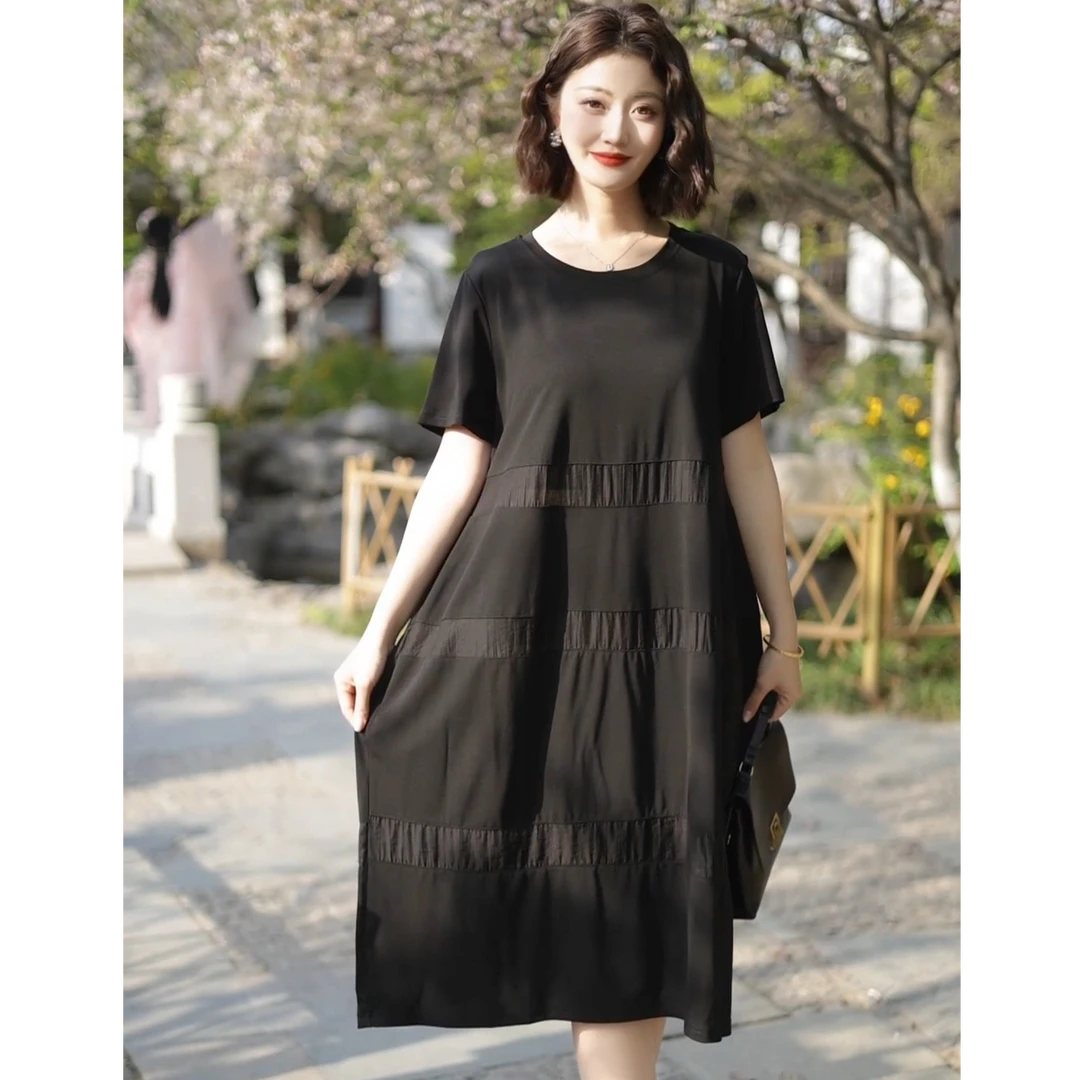 纯色圆领拼接夏季套头短袖连衣裙气质中长款女装宽松休闲显瘦