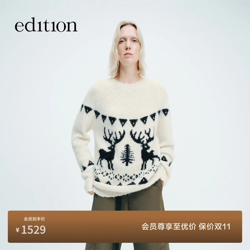 E+轻生活系列edition冬季款麋鹿图案羊驼毛毛衣#EBD4SWT041