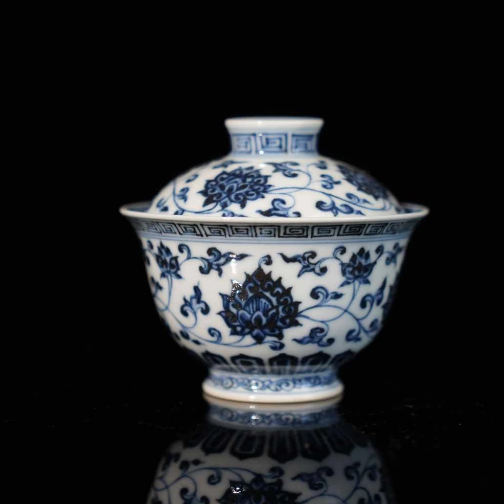 夏府都造青花缠枝宝相盖碗景德镇陶瓷高端茶具