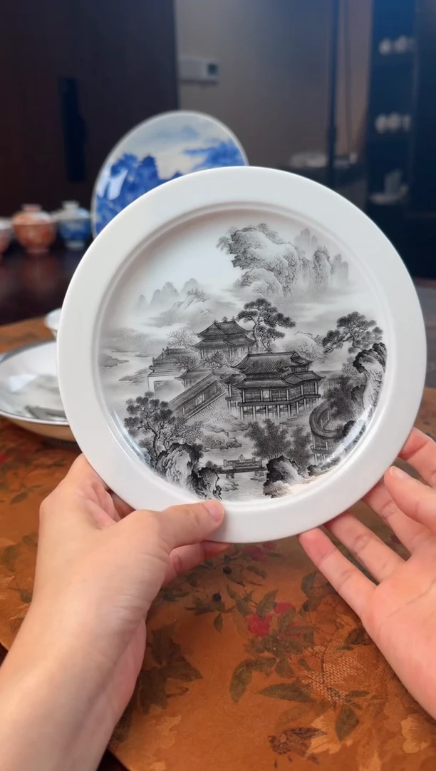 手绘墨彩梁园盛景壶承