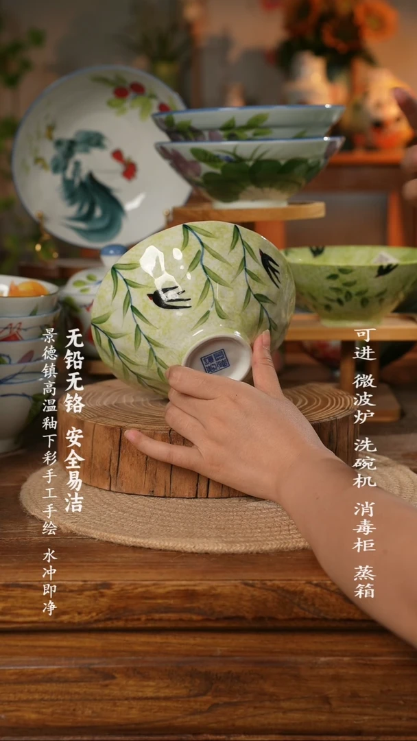 瓷 景德镇高温瓷釉下彩手绘陶瓷手捏6.5寸