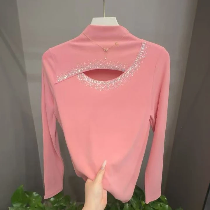 2025大码冬季显瘦遮肉粘钻双面磨毛薄绒镂空设计感女T恤806