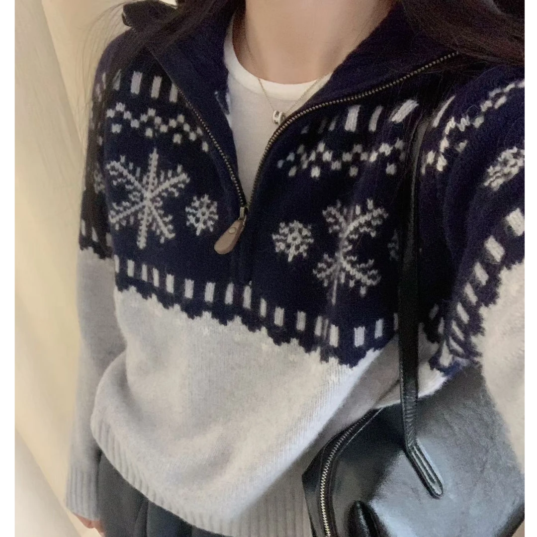 {旋转木马}东大门韩系费尔岛半拉链针织翻领立领羊绒复古宽松毛衣