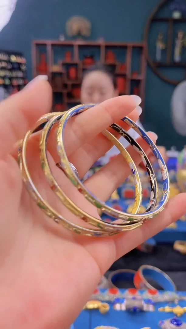 非遗 景泰蓝半金地叮当镯 56-65 湖蓝.黄.黑