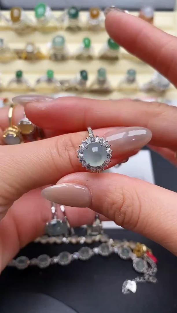 【闪购商品】翡翠戒指银S925镶嵌缅甸天然A货翡翠44  4-5