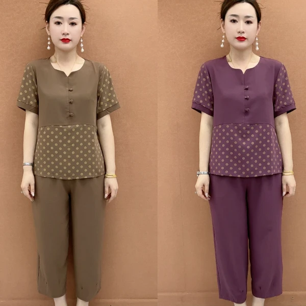 中老年九分裤宽松型短款圆点减龄夏装中老年女装