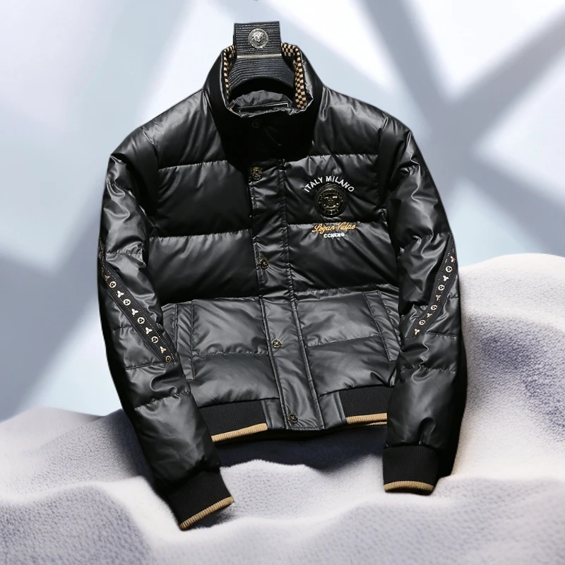 宾斯洛特男士羽绒服冬季新款潮流休闲短款加厚刺绣免洗立领外套潮