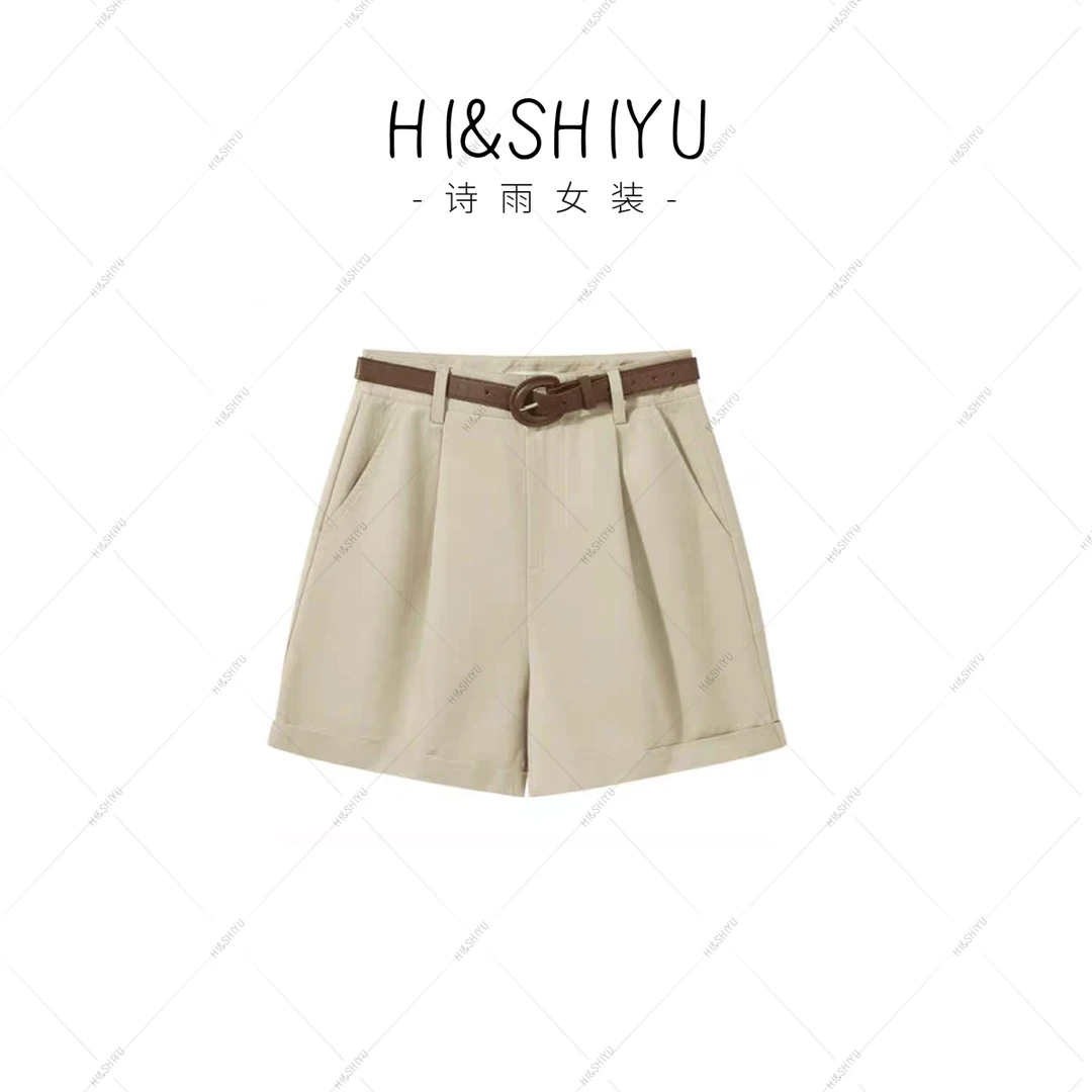 HISHIYU设计感高腰卷边阔腿洗水短裤9002