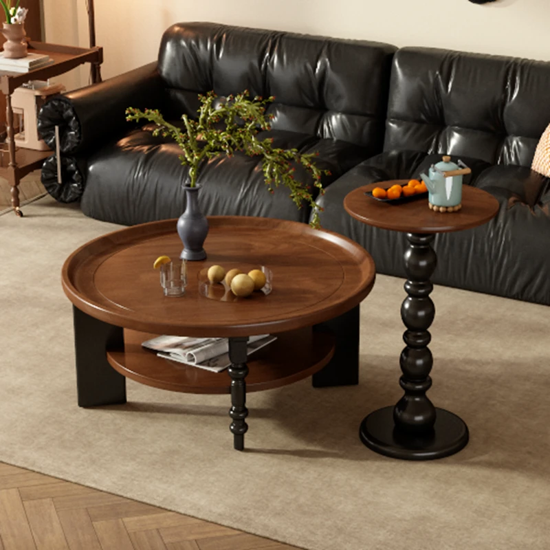 美式复古实木茶几中古风家用创意北欧轻奢双层客厅茶几圆形边几