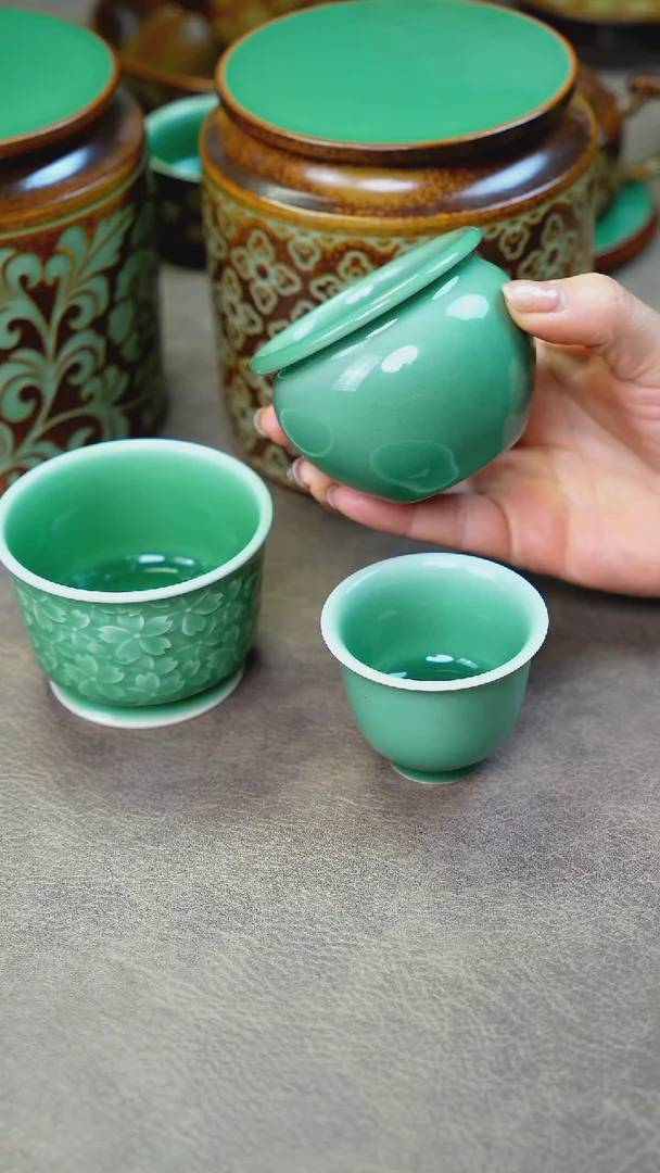 【闪购商品】三个梅子青杯子主人杯