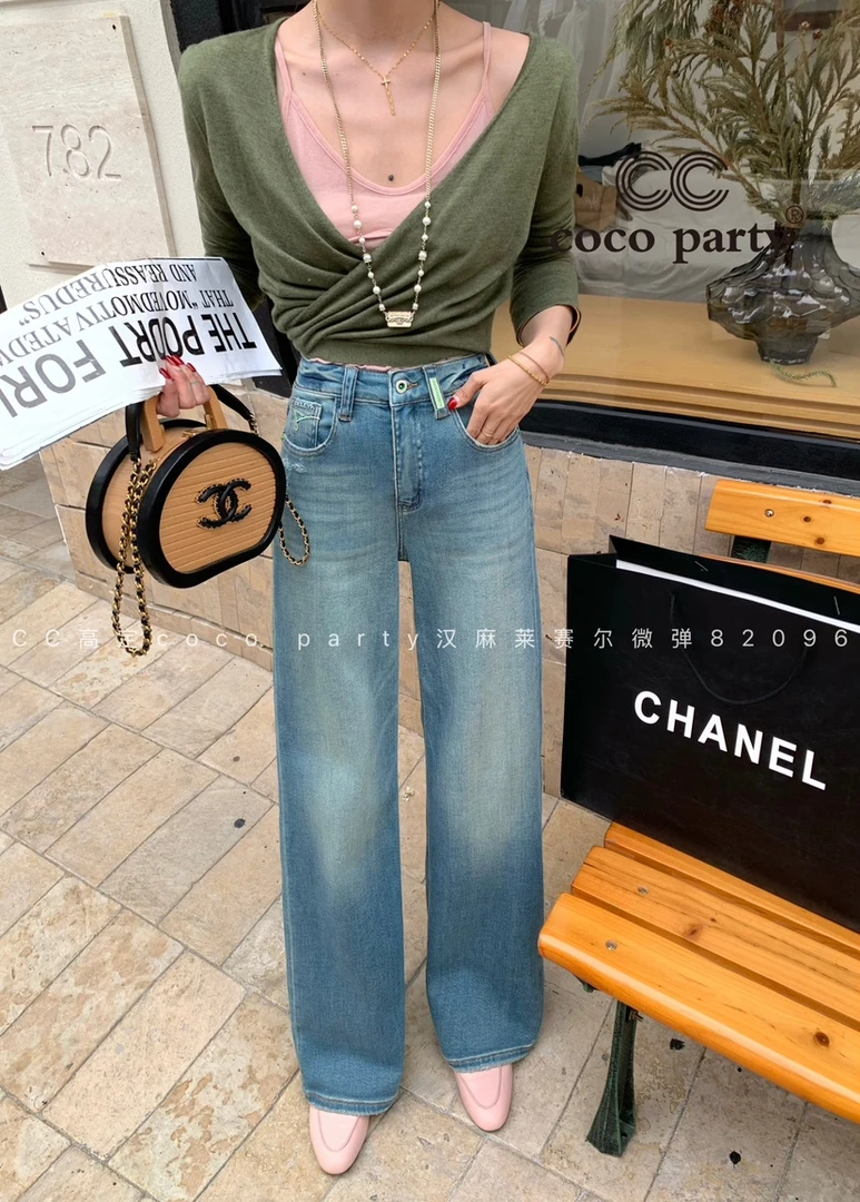 十三行CC家82096新款女中高腰阔腿牛仔裤垂坠显瘦直筒裤