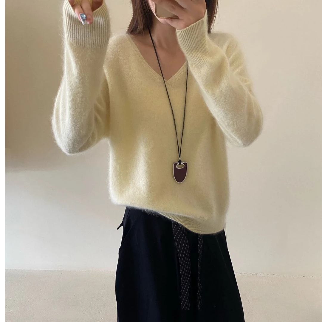 小版V领【粉丝福利大放送】100羊毛纯色拉毛拉绒无缝针织毛衣88319