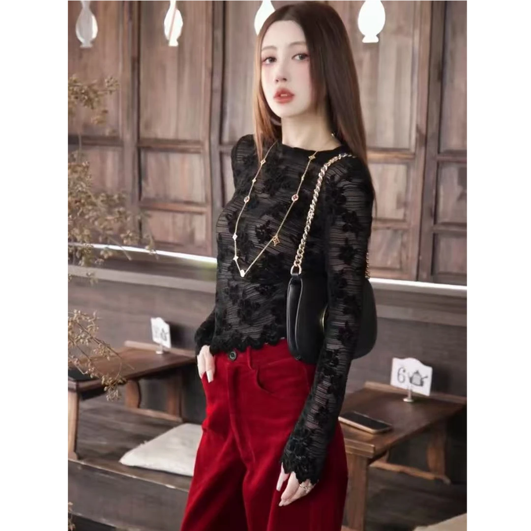 G. yntong/郭彦立体提花蕾丝长袖上衣修身显瘦秋款DD1223