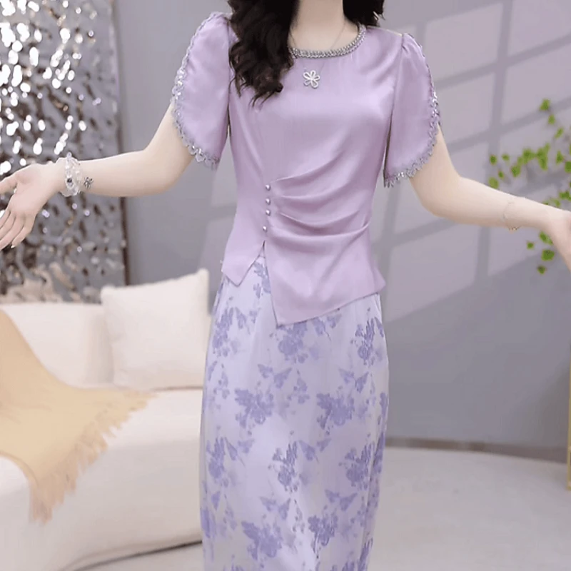 上衣+半身裙2025夏季新款时尚紫色洋气减龄修身收腰显瘦精致套装
