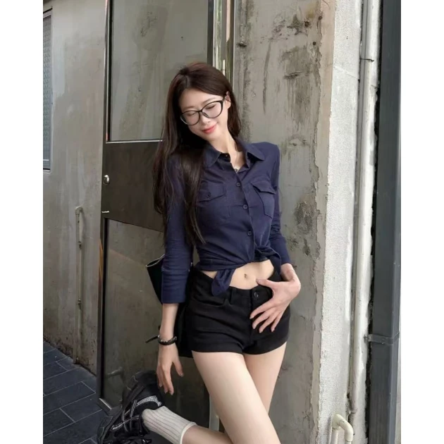 辣妹风性感纯色防晒七分袖衬衫女春夏新款收腰显瘦扭结短款上衣潮