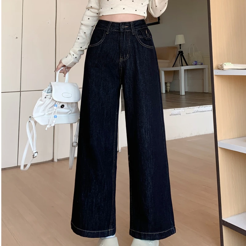 蓝牛仔直筒裤女九分春秋2025新款秋冬高腰窄版阔腿裤