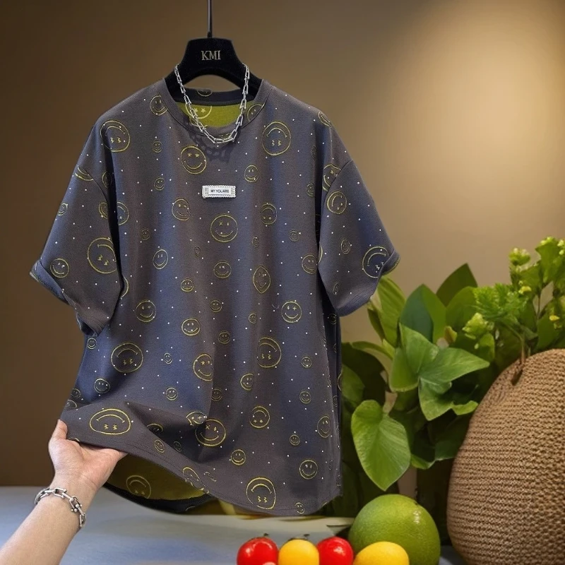 胖妹妹300斤大码圆领笑脸刺绣烫钻短袖T恤女上衣宽松夏季新款秋装