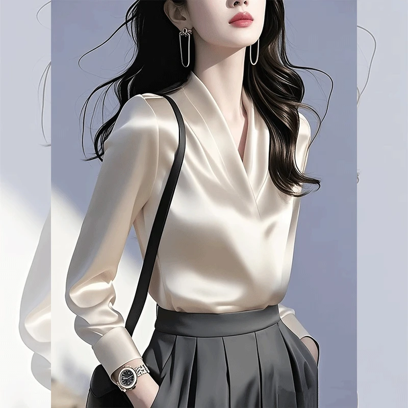 小香风法式缎面衬衫女款2025春季新款荡领衬衣独特超好看百搭上衣