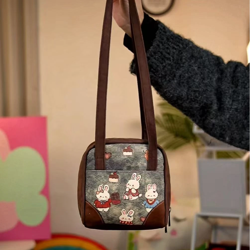 甜心兔 方糖吐司包印花钥匙包文艺淑女手提包单肩包红色