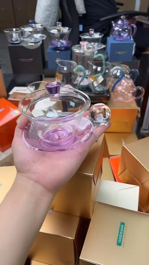 @@禾器晶彩荷叶盖碗浅紫色+盖置随机