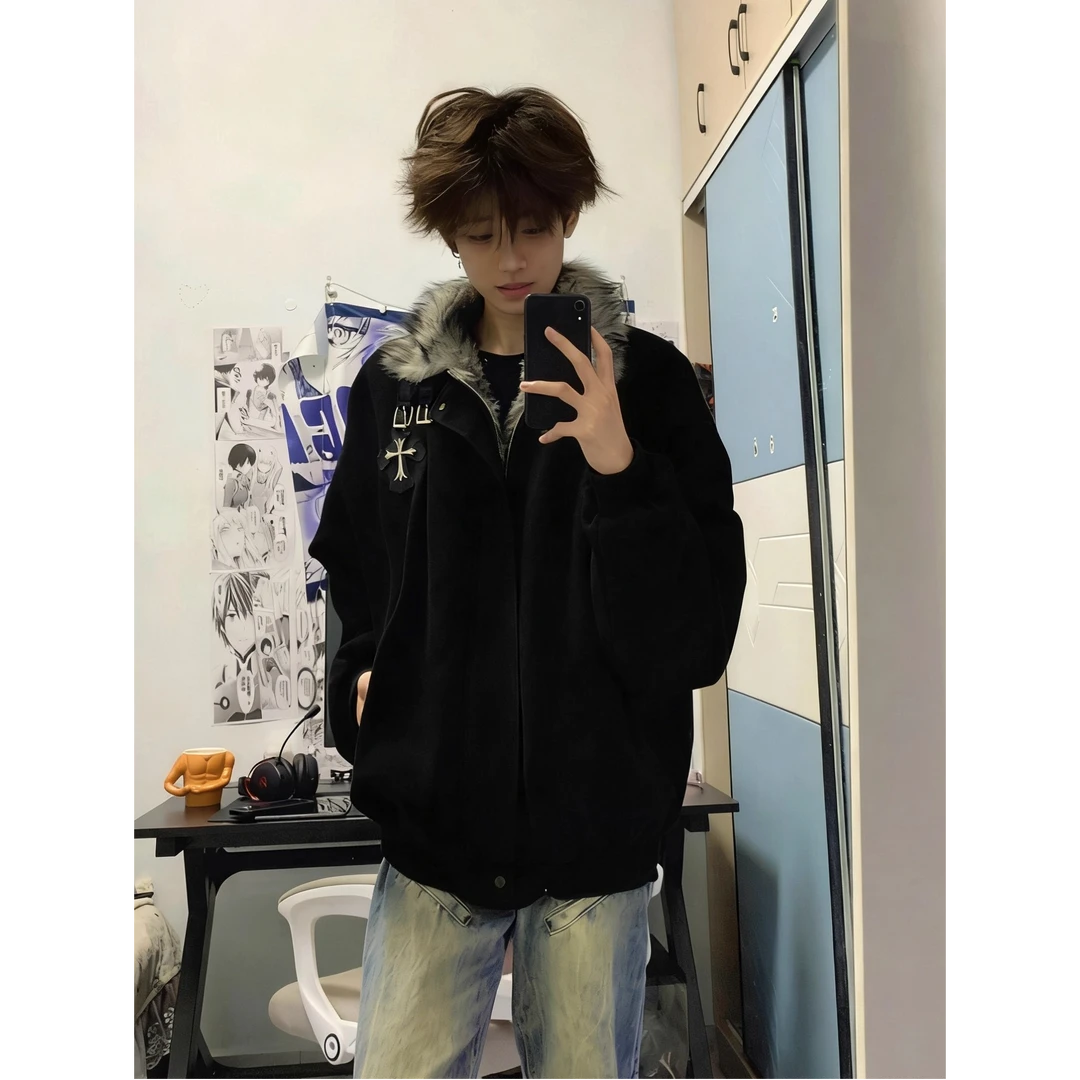 黑色cleanfit十字架座山雕棉服男款冬季加厚痞帅毛领短款棉衣外套