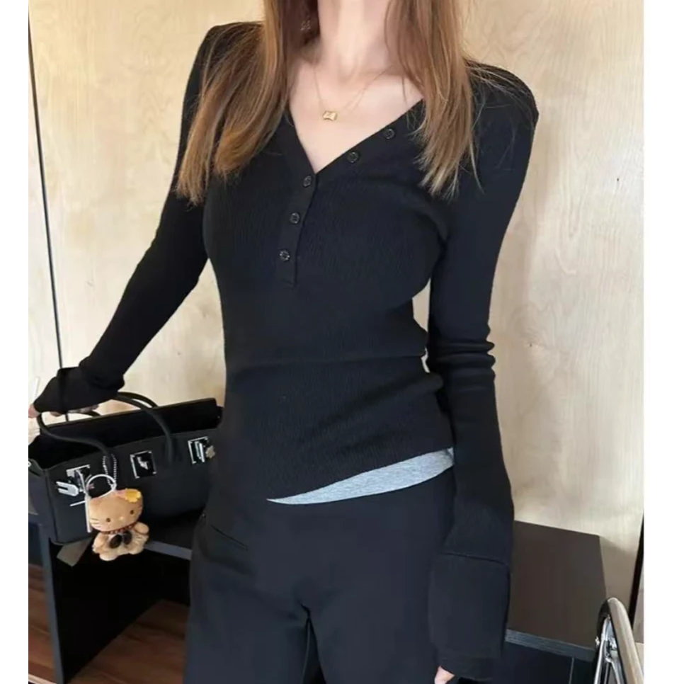 802秋冬v领打底长袖时尚百搭修身显瘦气质