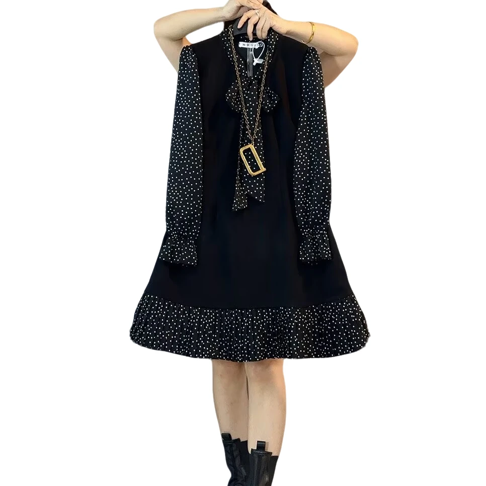 大维罗依MR欧货洋气波点领结衬衫拼接连衣裙