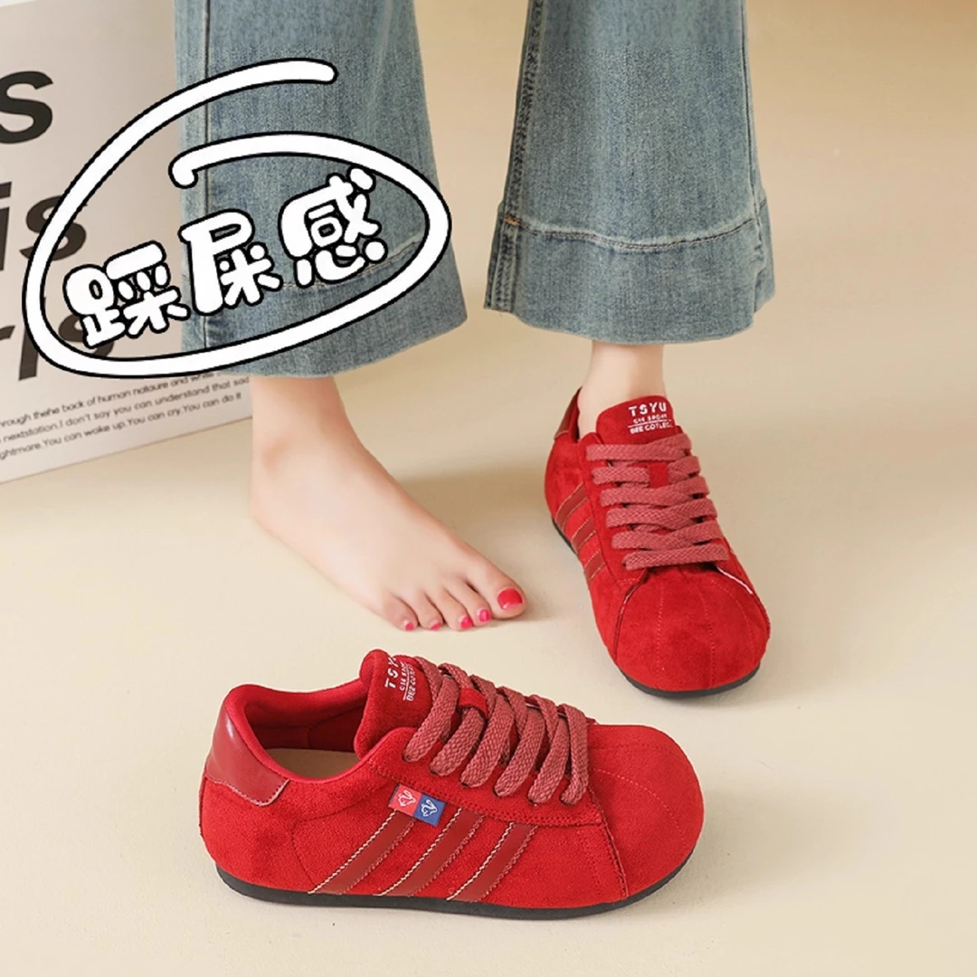 厚底红色德训鞋女2025新款秋季百搭圆头运动鞋防滑软底不累脚女鞋